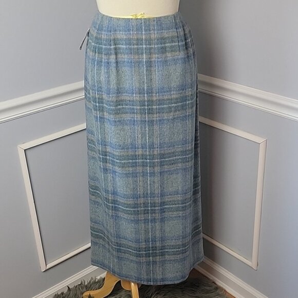 TALBOTS NeW Blue Wool Blend Plaid Fringe Boho Preppy Blanket Wrap Pencil Skirt - Picture 3 of 7